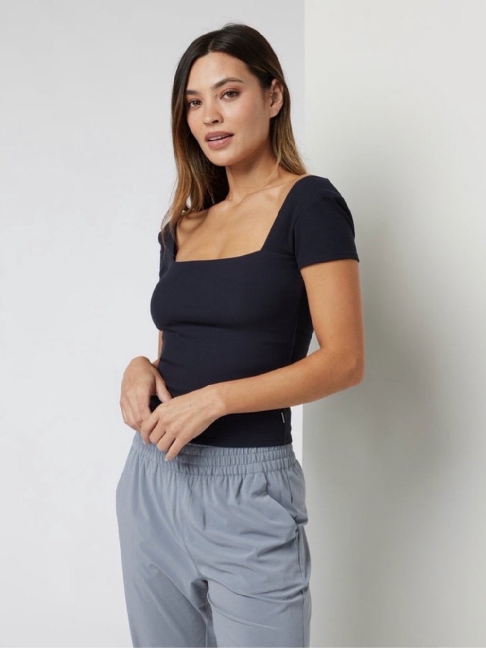 Vuori Black Square-Neck Short Sleeve Pose Top